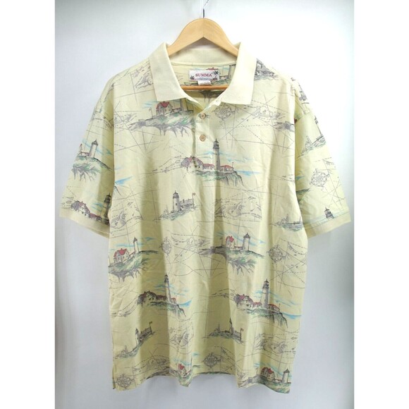 SUMMA Polo Shirt Mens Light House Prints Casual Work Short Sleeve Hawaiian‎ XL - Picture 1 of 7